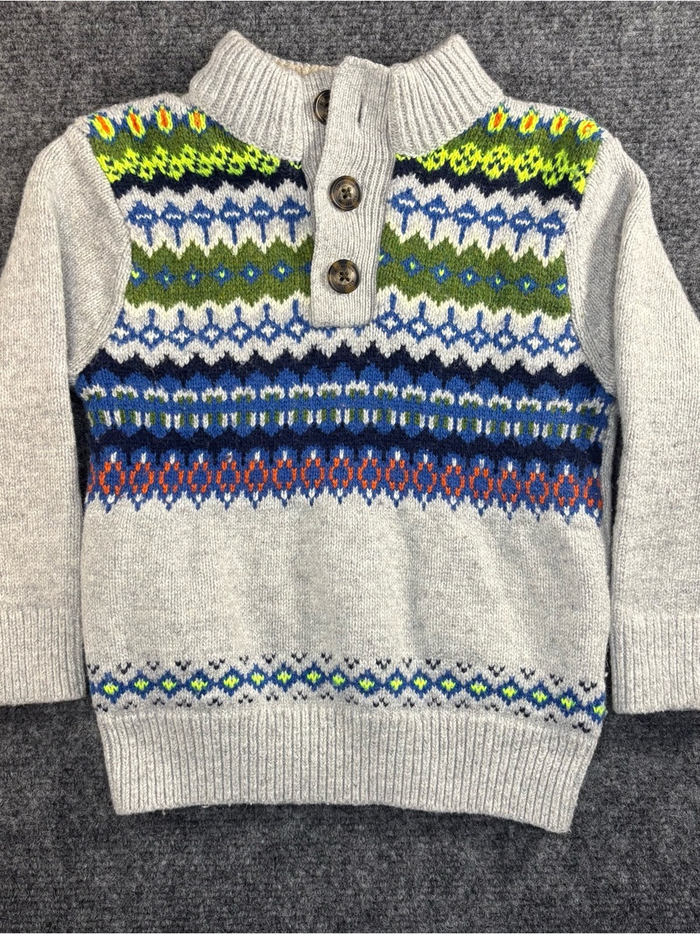 Baby Gap Toddler Boys Sweater Size 2T Grey Knit Henley Button Sherpa Lined Neck